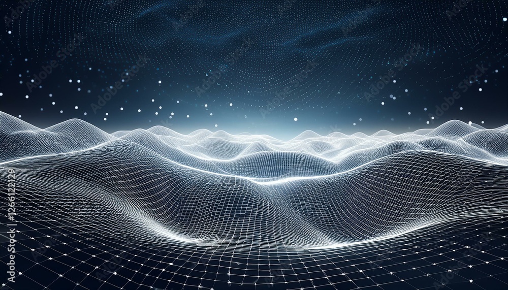 abstract futuristic digital grid landscape with particles dots, stars, horizon computer geometric digital connection abstract futuristic digital grid landscape with particles dots, stars, horizon computer geometric digital connection
