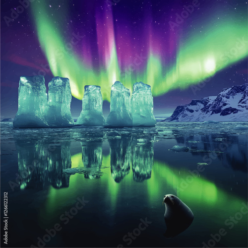 Majestic Northern Lights Over Arctic Icebergs with Reflective Waters and Seal in Foreground - Stunning Polar Landscape Vector Image