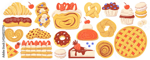 Pastry set. Popular desserts, fresh baked food. Donut, macaron, croissant, eclair, strudel, mille feuille, bagel, cinnamon roll. Flat trendy vector illustration, isolated on white background