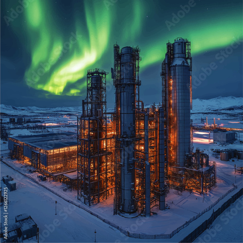 Stunning Northern Lights over Industrial Refinery in Snowy Arctic Landscape | Aurora Borealis Illuminates Modern Oil Gas Plant at Night - Majestic Winter Scene