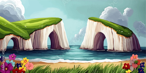 Stunning Vector Art of Coastal Cliffs with Lush Green Tops Overlooking Ocean Waves and Floral Beachfront Under Cloudy Sky - Perfect Scenic Landscape Illustration