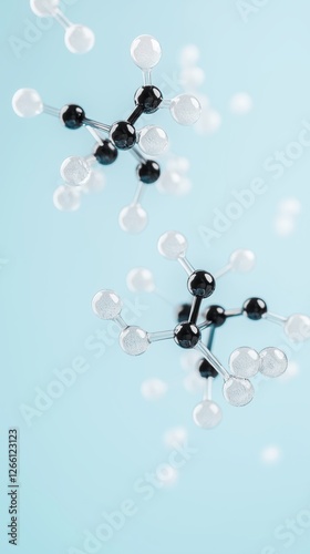 Abstract molecular structure with black and clear atoms on a soft blue background, symbolizing scientific innovation and research photo