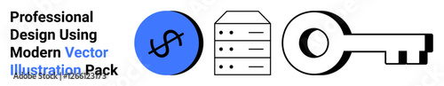 Dollar sign on blue circle, server stack, and key symbolizing financial protection, data security, and access control. Ideal for banking, cybersecurity, finance, tech solutions startups fintech