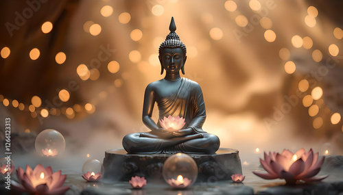 Mystical Buddha statue surrounded by ethereal light, mist, and lotus flowers, radiating serenity, spiritual energy, and deep meditation in a tranquil, sacred composition