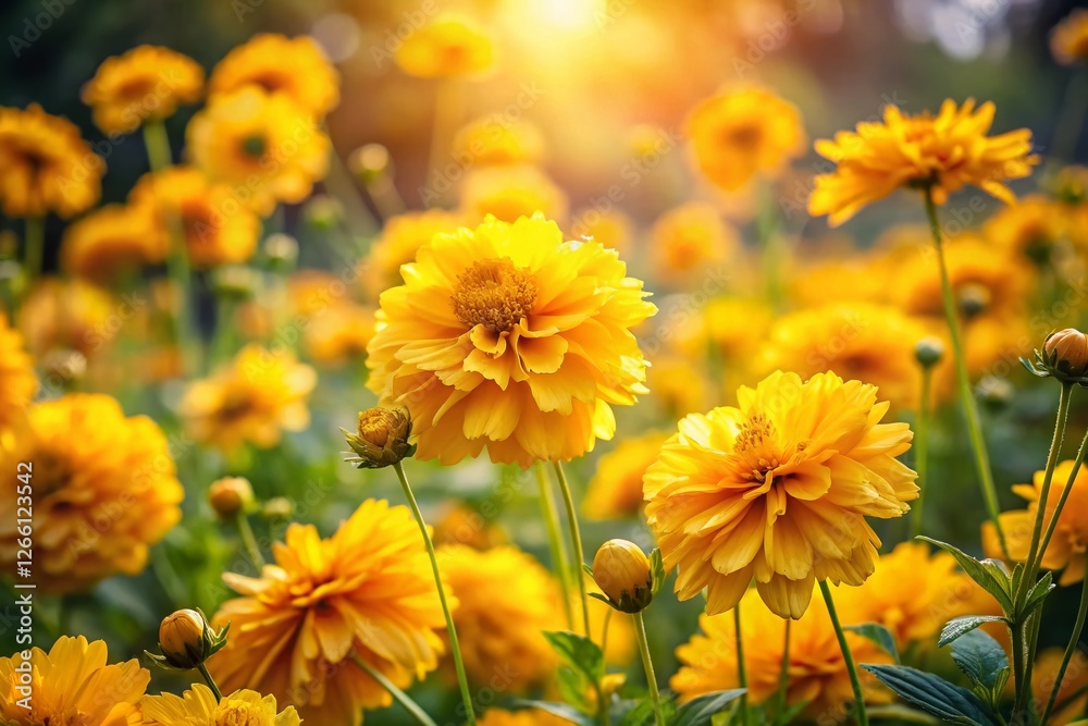 Tall Yellow Flowers Swaying in Gentle Breeze - Vibrant Summer Flowerbed Tall Yellow Flowers Swaying in Gentle Breeze - Vibrant Summer Flowerbed