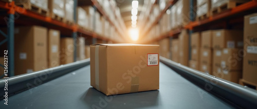 Un paquete de cartón en una cinta transportadora dentro de un almacén moderno, iluminado por luz cálida, rodeado de estantes llenos de cajas