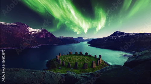 Mystical Northern Lights Vector Art Over Stone Circle and Mountain Lake - Magical Aurora Borealis Scene with Scenic Landscape and Ancient Stone Formation