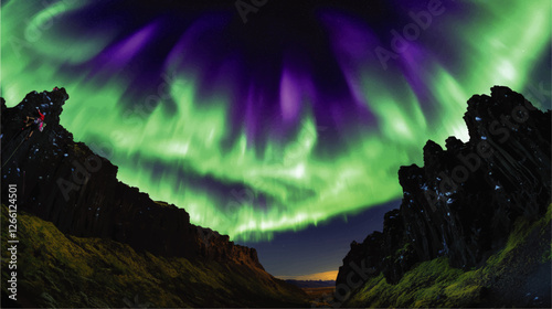 Spectacular Aurora Borealis over Rugged Cliffs at Sunset in Vector Art - Vibrant Northern Lights in Green and Purple Skies with Majestic Landscape Scenery
