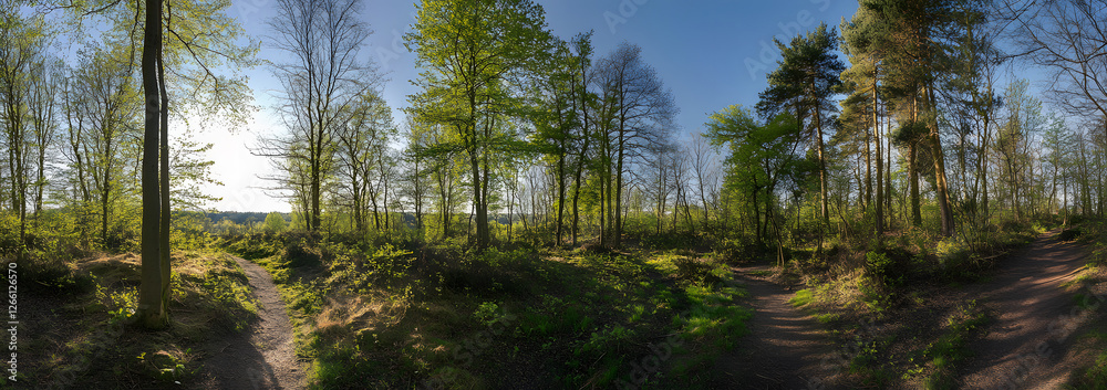 Obraz premium Beautiful green forest panorama with tall trees and sunlight filtering through the leaves