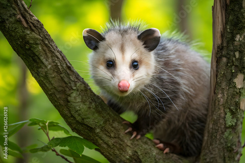 North american opossum sitting on a tree branch with detailed fur texture and a pink nose surrounded by green leaves in a natural woodland habitat