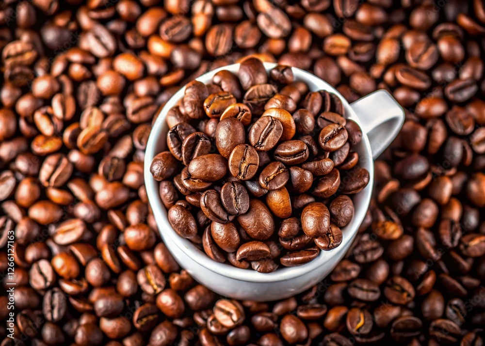 Fototapeta premium Top View Robusta Coffee Beans in White Bowl, Tilt-Shift Miniature Effect, Space for Text