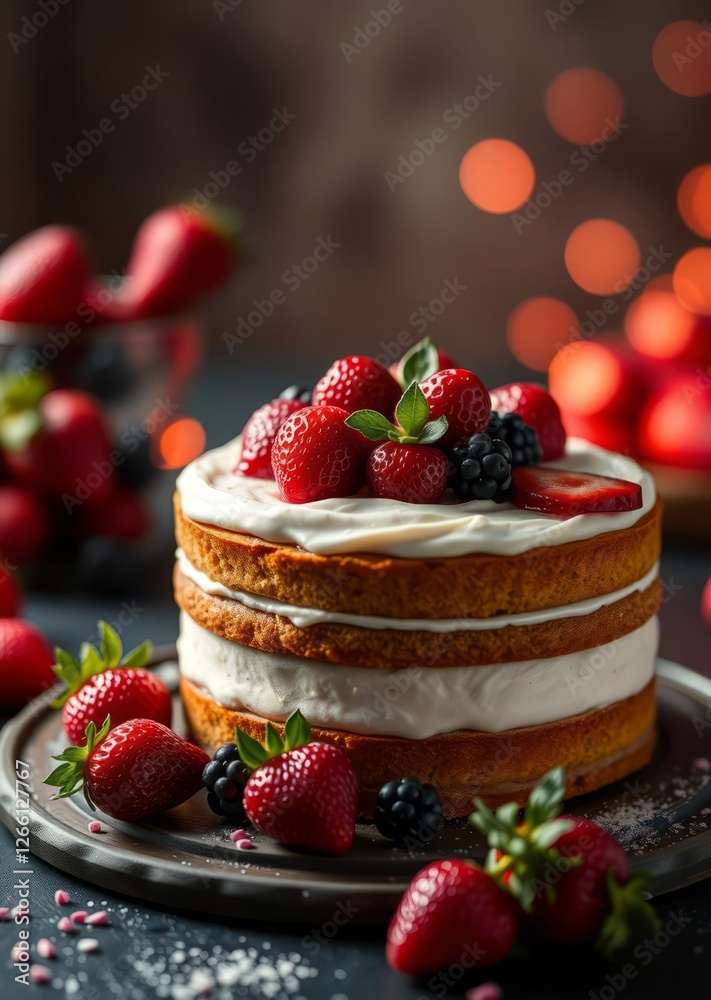 Delicious strawberry cake with berries and decoration on dark table - food photography background bokeh red bokeh abstract background glow design light texture effect sparkle Delicious strawberry cake with berries and decoration on dark table - food photography background bokeh red bokeh abstract background glow design light texture effect sparkle