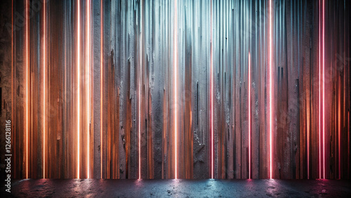 generative ai. a stage with a wooden wall in the background and colorful neon lights illuminating the floor. The lights are in shades of blue  red  and pink  creating a vibrant and eye-catching atmosp