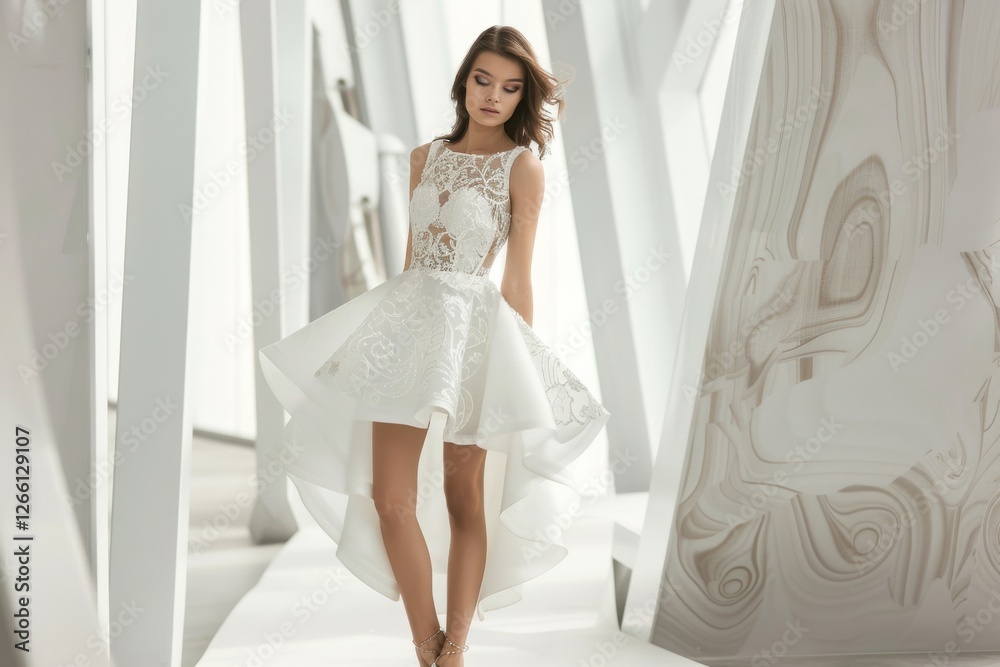 Asymmetrical high-low wedding dress with metallic baroque embroidery and illusion neckline on a mannequin hovering. Asymmetrical high-low wedding dress with metallic baroque embroidery and illusion neckline on a mannequin hovering.