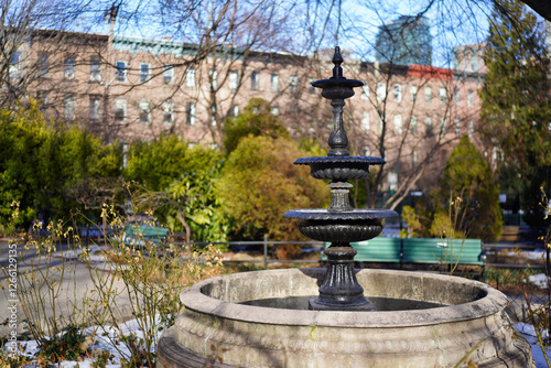 The fountain at Van Vorst Park in Jersey City is inactive during the winter. photo