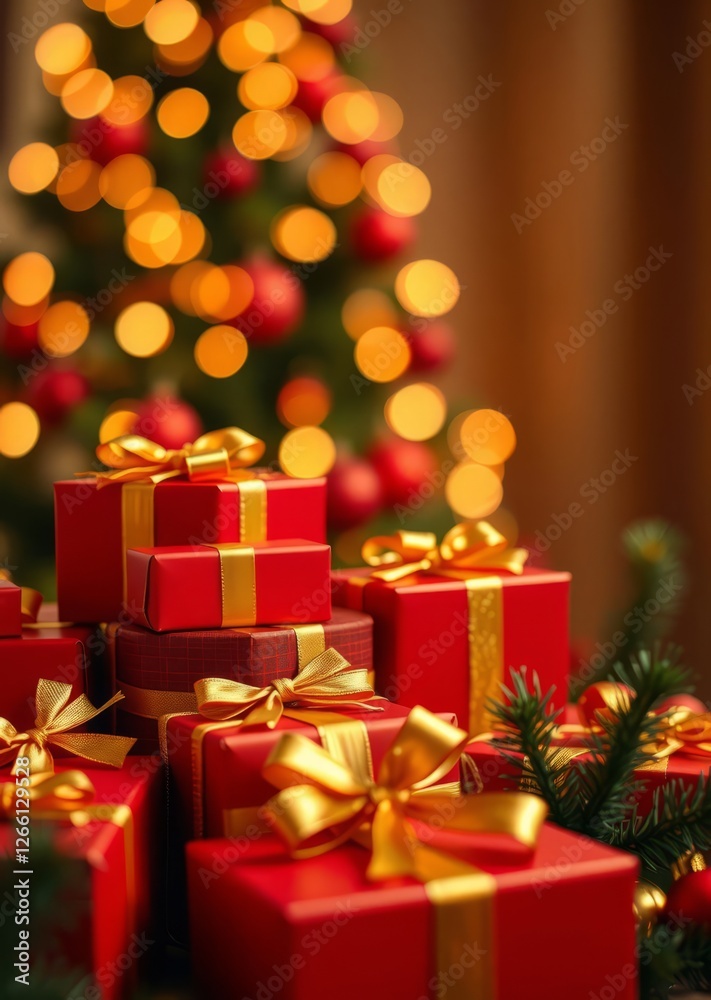 Christmas xmas or celebration holiday festive greeting card - closeup of many different red presents gift boxes with gold ribbon background with bokeh lights and christmas tree bokeh red bokeh abstrac Christmas xmas or celebration holiday festive greeting card - closeup of many different red presents gift boxes with gold ribbon background with bokeh lights and christmas tree bokeh red bokeh abstrac
