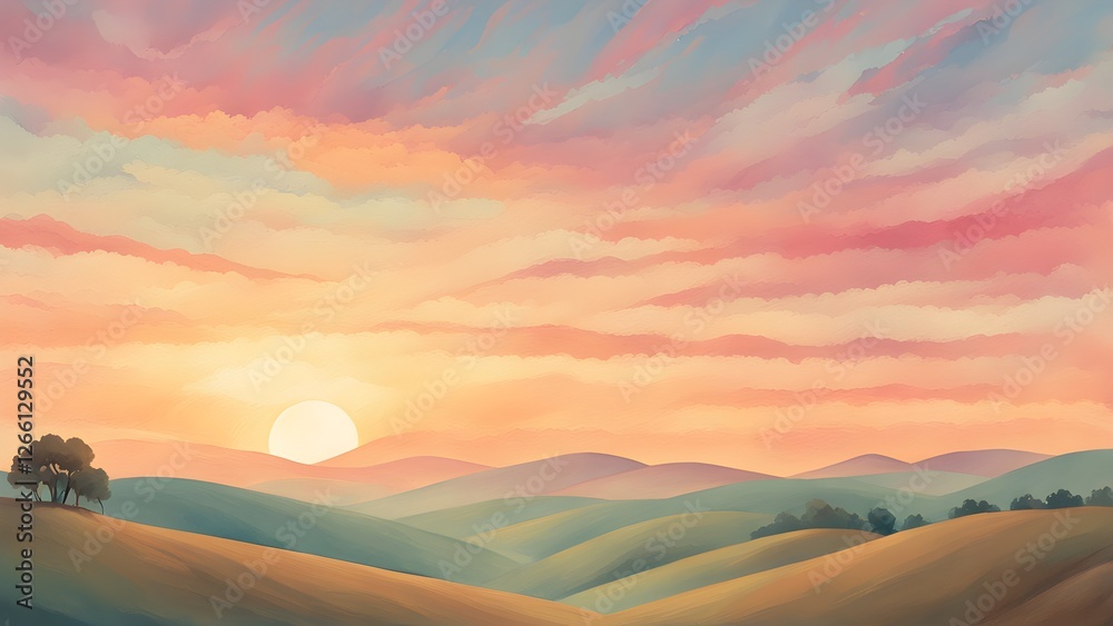 Obraz premium Painterly illustration of a tranquil sunset over rolling hills, featuring a vibrant, pastel sky and a large, glowing sun.