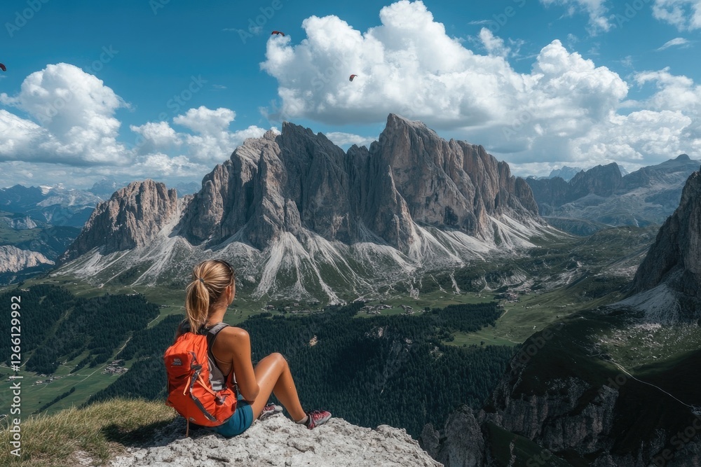 Fototapeta premium A solo traveler sitting on a mountaintop, enjoying the view