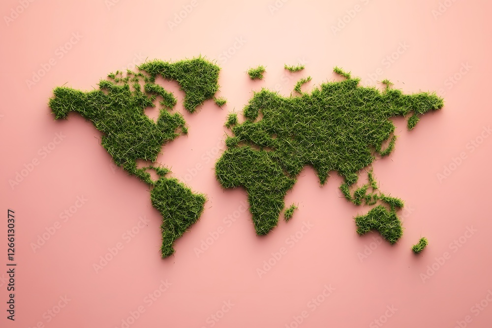 Grass World Map on Pink Background Grass World Map on Pink Background