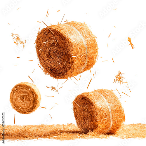 Hay bales in motion, isolated on a transparent background. Dynamic composition with golden straw details and falling pieces of hay, perfect for farm, rural, or harvest-themed projects. photo