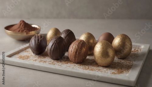Ovos de chocolate gourmet com acabamento dourado e detalhes artesanais em fundo sofisticado photo