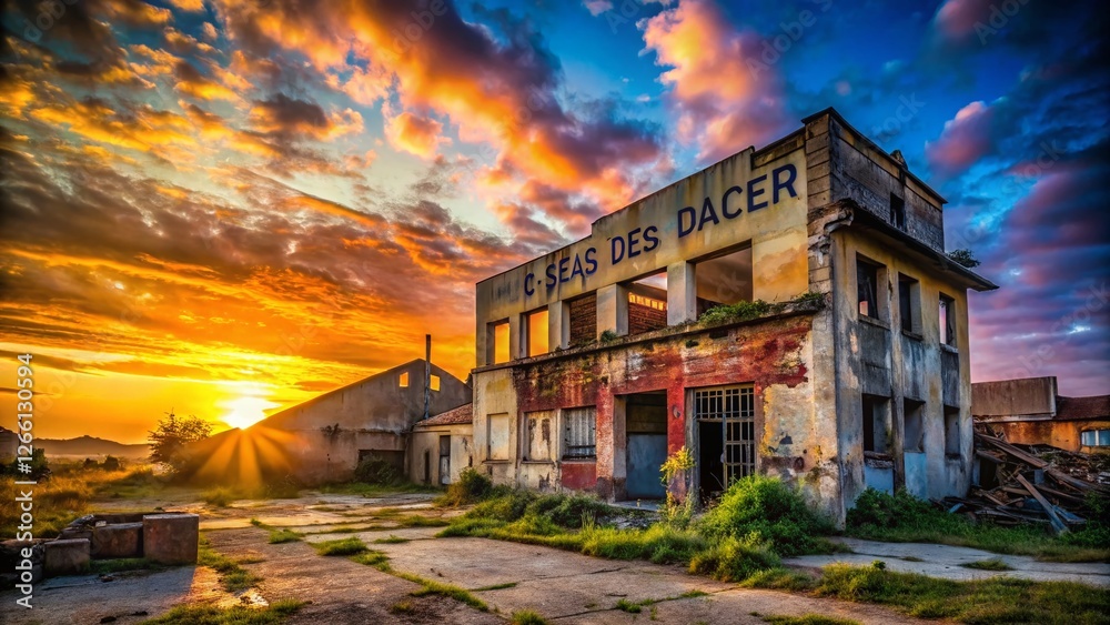 Obraz premium Urban Dawn: Sun Rising Over Cityscape - Abandoned Building Exploration