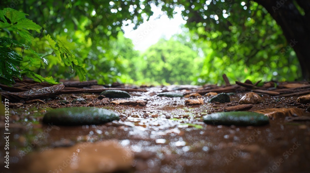 Fototapeta premium Rainy jungle path, green foliage, misty background. Nature travel