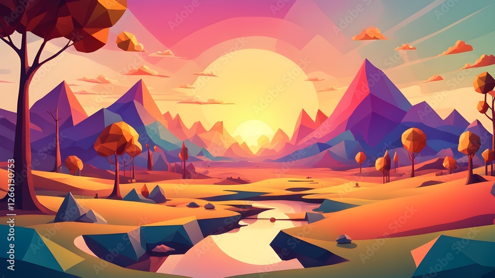 Vibrant low-poly landscape illustration featuring a serene river winding through autumnal hills and mountains under a warm sunset.
