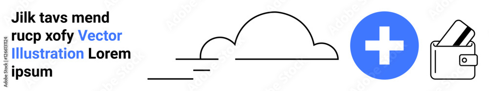 Blue plus sign linked to a wallet icon, floating cloud in the background with random text on the left. Ideal for finance, digital wallets, cloud computing, online services, fintech applications, data Blue plus sign linked to a wallet icon, floating cloud in the background with random text on the left. Ideal for finance, digital wallets, cloud computing, online services, fintech applications, data