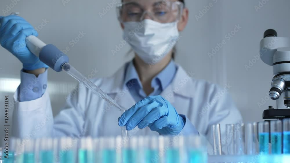 Scientist woman researcher, wearing a lab coat, mask, and safety glasses, is using a micropipette to drop a liquid into a test tubes. Medicine and science concept Scientist woman researcher, wearing a lab coat, mask, and safety glasses, is using a micropipette to drop a liquid into a test tubes. Medicine and science concept