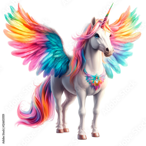 A stunning white unicorn with a rainbow mane and vibrant wings, standing gracefully on a transparent background. Its colorful wings and flowing mane create a magical and ethereal presence
