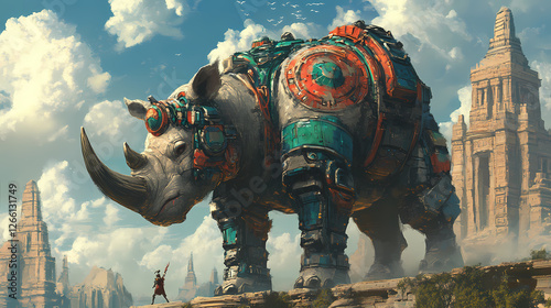 A colossal mechanized rhino stands overlooking ancient temples. Ancient Sky Beasts. Illustration
