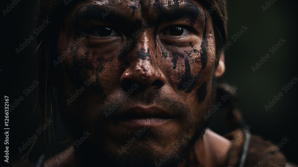 Portrait of a man with tribal markings showcasing strength and resilience in a forest setting during a misty evening Portrait of a man with tribal markings showcasing strength and resilience in a forest setting during a misty evening