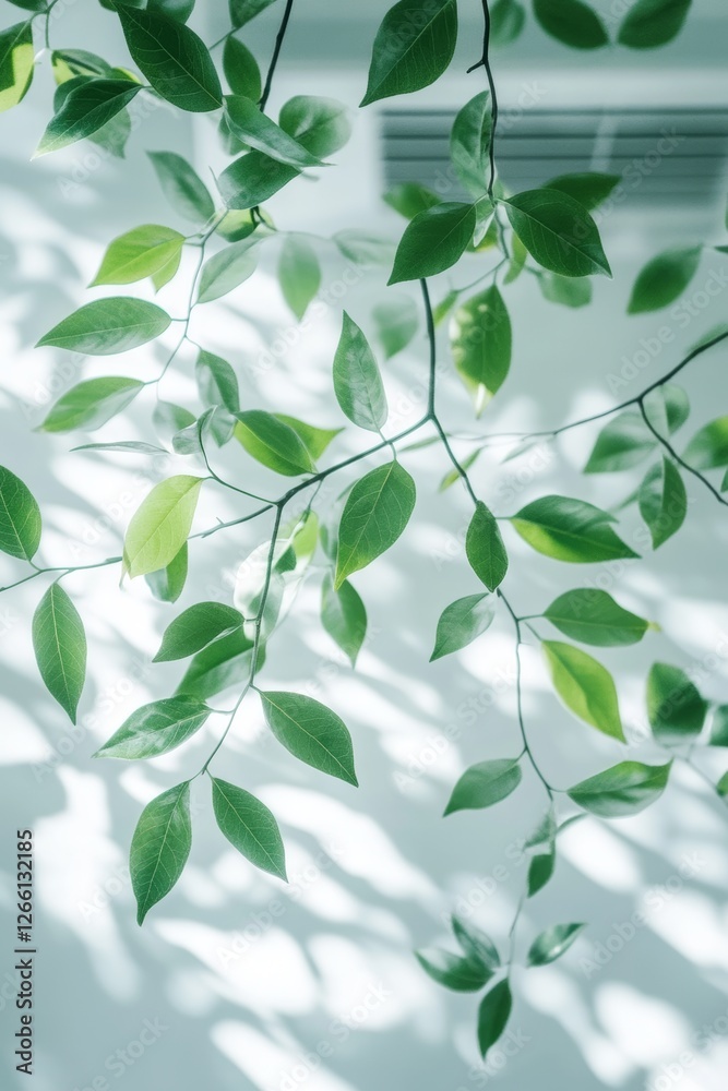 The green foliage of a Ficus is situated close to the ceiling air conditioner in a modern office or home, representing indoor air quality The green foliage of a Ficus is situated close to the ceiling air conditioner in a modern office or home, representing indoor air quality