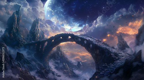 An ancient stone bridge stretches over a celestial sky, where mythical creatures roam freely, creating a magical backdrop for adventurers to explore, generative ai. Ancient Sky Beasts. Illustration