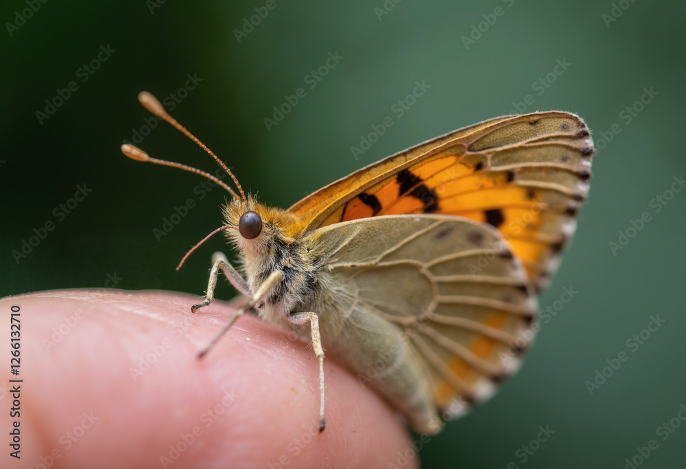 Fototapeta premium Butterfly resting on a human finger, delicate macro shot