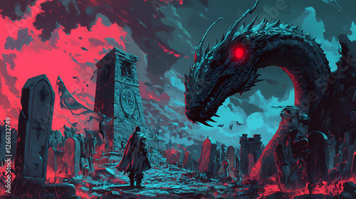 Dark knight in graveyard with red glowing eye beside fierce anime basilisk slithering through ancient tombstones under a night sky. Ancient Sky Beasts. Illustration
