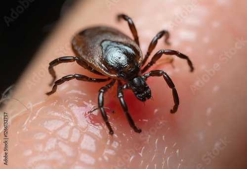 Tick biting human skin, detailed macro close-up
