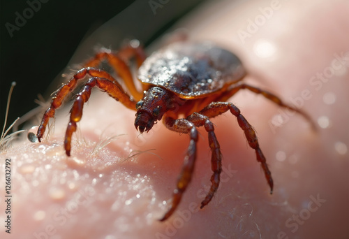 Tick on human skin with dramatic lighting effect