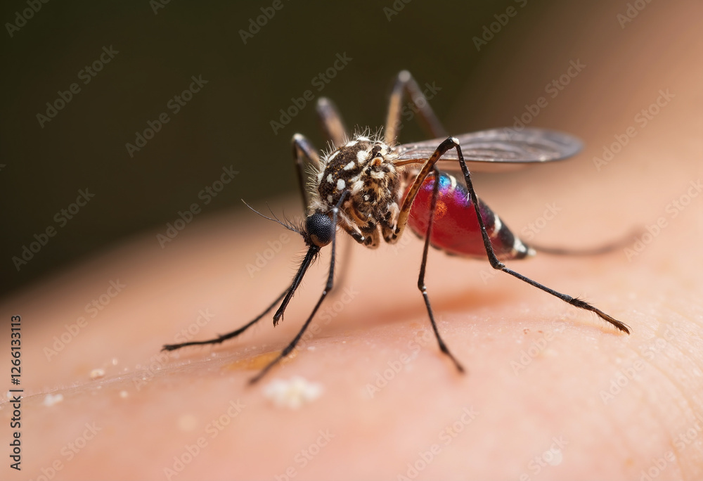 Naklejka premium Close-up of a mosquito biting human skin, filled with blood