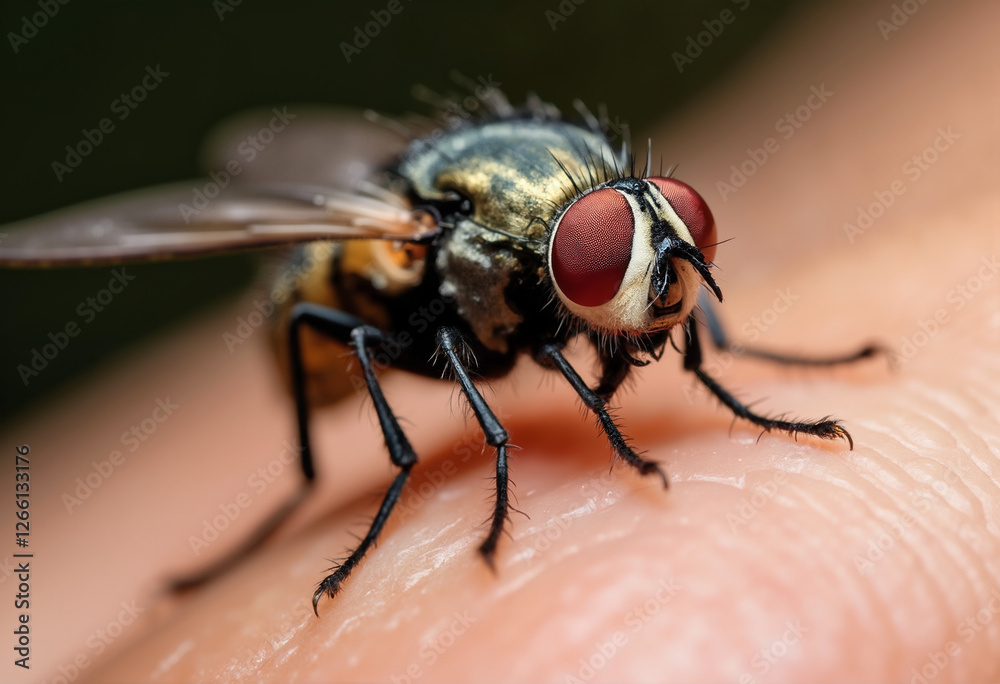Housefly resting on human skin in extreme close-up Housefly resting on human skin in extreme close-up