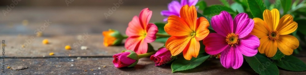 A bouquet of four colorful flowers on a wooden table, flowers, wooden table, floral arrangement A bouquet of four colorful flowers on a wooden table, flowers, wooden table, floral arrangement