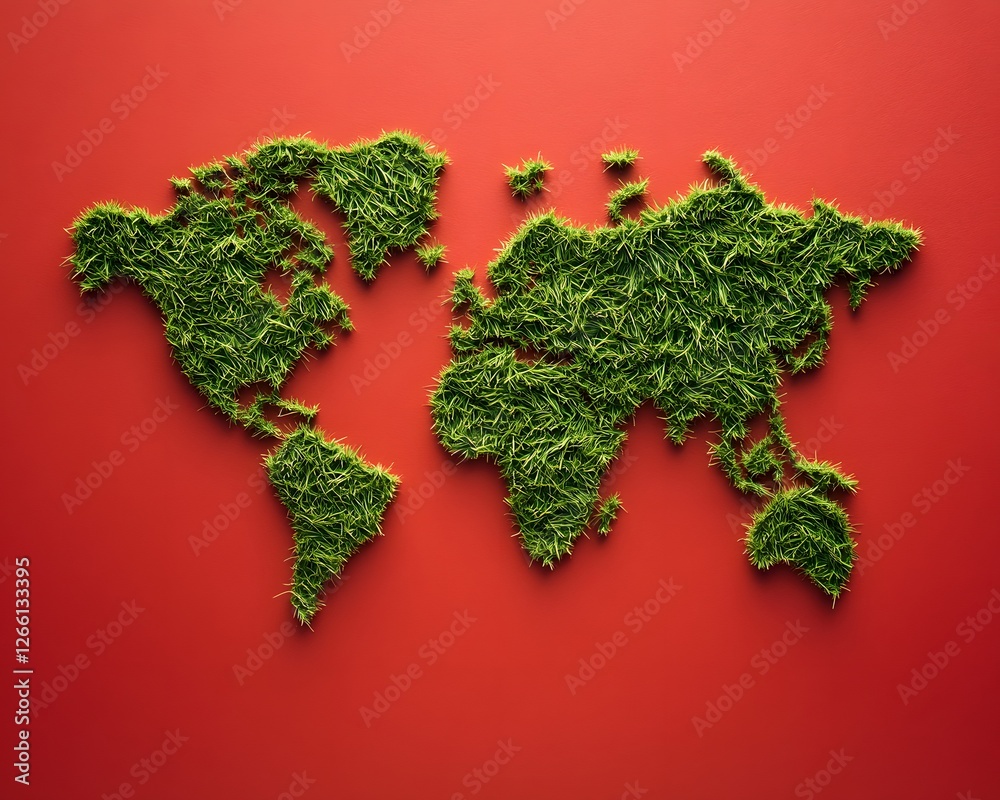Grass World Map on Red Background Grass World Map on Red Background