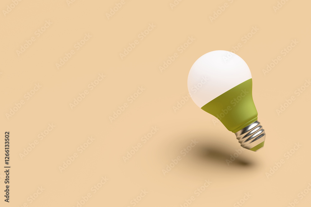 Green Led light bulb floating in the air over beige background. 3d illustration, rendering. Copy space Green Led light bulb floating in the air over beige background. 3d illustration, rendering. Copy space