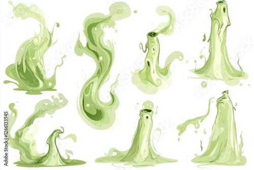 In a unique art style, this flat cartoon design showcases a series of foul-smelling green clouds, smoke, and fumes on a clean white background