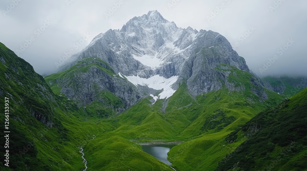 Obraz premium Majestic snow-capped Alps, green valley, serene lake, misty sky; travel brochure