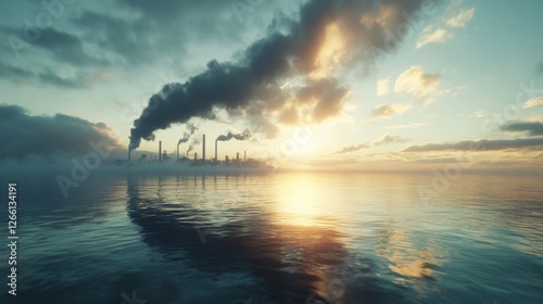 Four industrial smokestacks, pouring black smoke, dominate the quiet scene of a lake