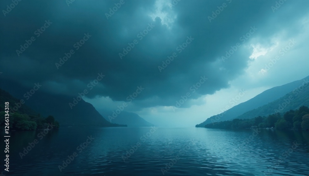 A dense, gray cloud envelops the dark waters of a river, cloud, abstract river, nature A dense, gray cloud envelops the dark waters of a river, cloud, abstract river, nature