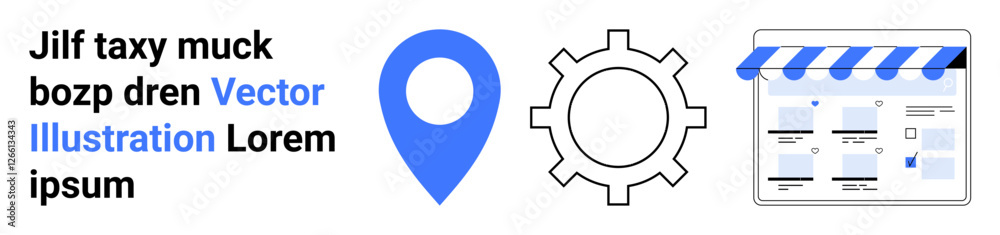Blue location marker, mechanical gear, storefront window. Ideal for business, technology, online presence, e-commerce, navigation engineering marketing. Landing page Blue location marker, mechanical gear, storefront window. Ideal for business, technology, online presence, e-commerce, navigation engineering marketing. Landing page