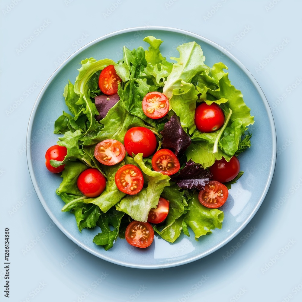 Freshly prepared salad with cherry tomatoes and mixed greens in a blue bowl on a light backdrop Freshly prepared salad with cherry tomatoes and mixed greens in a blue bowl on a light backdrop